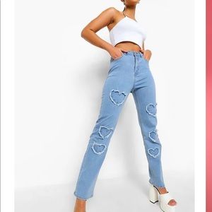 Straight leg heart appliqué jeans